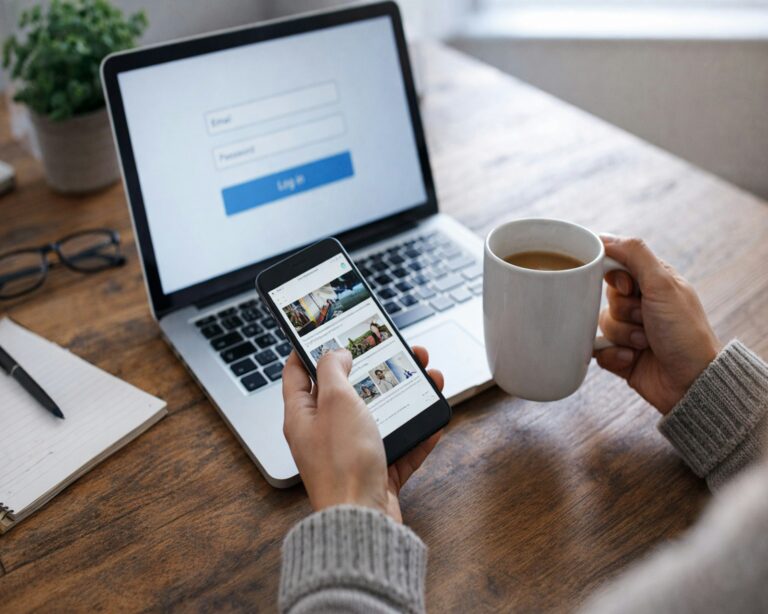 iCloud-Fotos auf PC herunterladen – Smartphone mit Fotogalerie vor einem Laptop mit Anmeldeseite