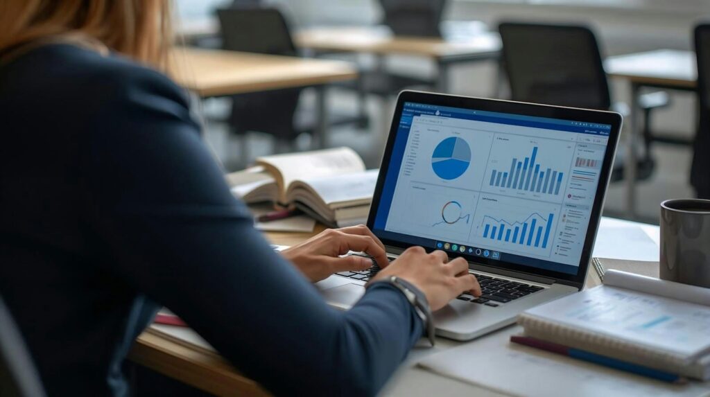 Frau sitzt am Laptop und wertet Diagramme in einem Analyse-Dashboard aus